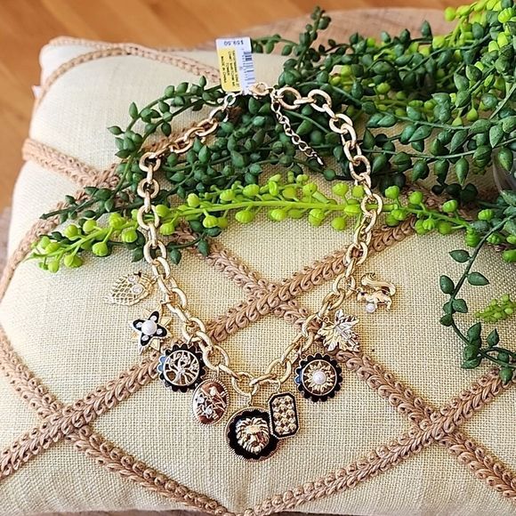 Gold-Tone Crystal & Imitation Pearl Nature-Theme Charm Necklace, 17" + 2" extend - Picture 1 of 6